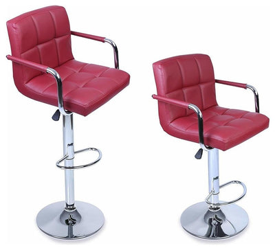 2-Bar Stool Set, Faux Leather With Backrest, Armrest and Chrome Footrest, Red Wi DL Modern