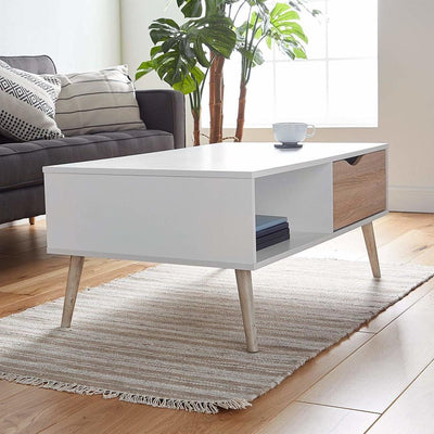 Contemporary Coffee Table in MDF with Tapered Legs, Open Shelf and Drawer DL Contemporary