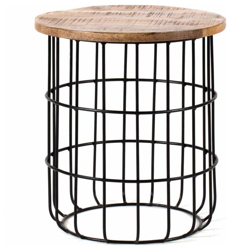 Contemporary Side End Table with Black Metal Wire Frame and Mango Wood Top DL Contemporary