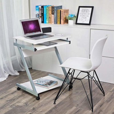 Modern Desk, MDF and Veneer With Sliding Keyboard Tray, Z-Shaped Design, White DL Modern