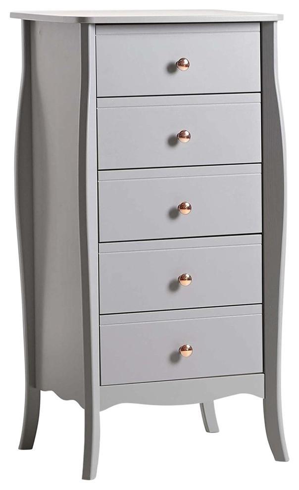 Modern Narrow Chest of 5-Drawer, Grey Finished MDF With Rose Gold Handles DL Modern