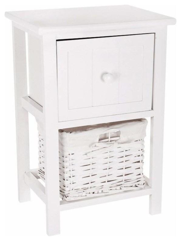 Traditional Bedside Table, White Finished MDF With Drawer and Wicker Storage DL Traditional