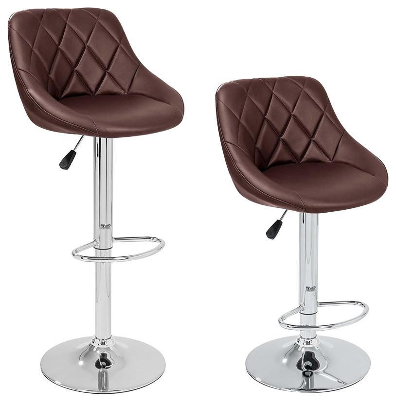 2 Bar Stools Set Upholstered, Faux Leather, Footrest, Adjustable Height, Brown DL Modern