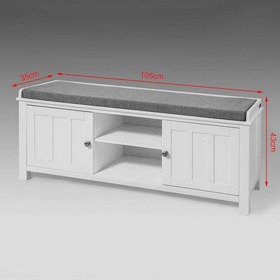 2-Drawer and Open Shelves Storage Bench, White MDF With Removable Cushion DL Contemporary