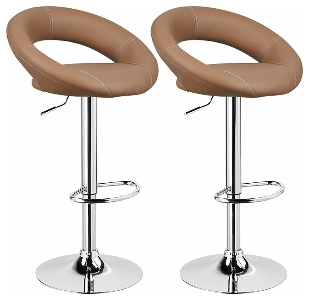 2-Pack Bar Stools Upholstered, Faux Leather With Footrest, Khaki DL Modern