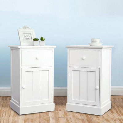2-Piece Set Bedside Cabinets, White Finished Wood, Storage Drawer and Cupboard DL Traditional