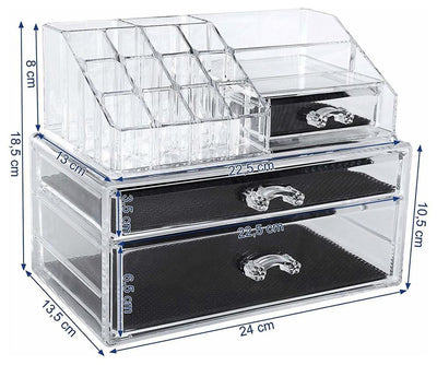 2 Pieces Makeup Organiser Set in Acrylic with 3 Drawers and Compartments on Top DL Modern