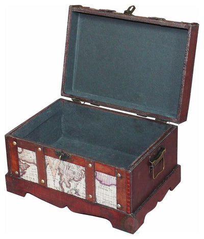2 Storage Trunk in Cherry Finished Wood and Faux Leather, Old World Map Design DL Contemporary
