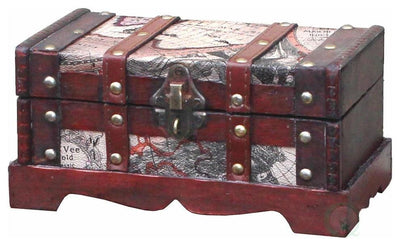 2 Storage Trunk in Cherry Finished Wood and Faux Leather, Old World Map Design DL Contemporary