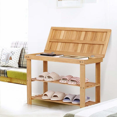 2-Tier Traditional Natural Bamboo Shoe Rack with Storage Space, 70 Cm DL Traditional