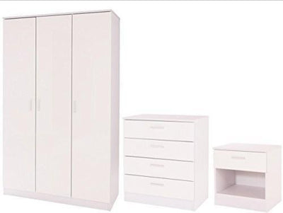 3-Piece Bedroom Furniture Set, 3-Door Wardrobe, 4-Drawer Chest and Bedside, Whit DL Modern