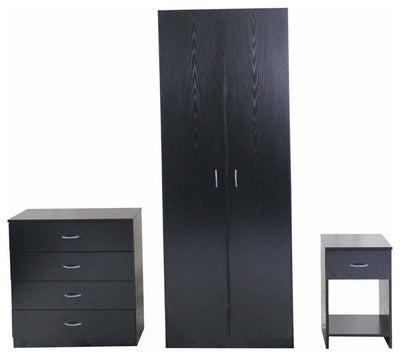 3-Piece Bedroom Furniture Set, Wardrobe 4-Drawer Chest and Bedside Cabinet Black DL Modern