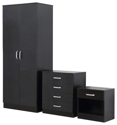 3-Piece Bedroom Furniture Set Wardrobe, 4-Drawer Chest, Bedside Cabinet, Black DL Modern