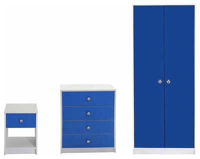 3-Piece Bedroom Furniture Set, Wardrobe, Drawer Chest and Bedside Cabinet, Blue DL Modern
