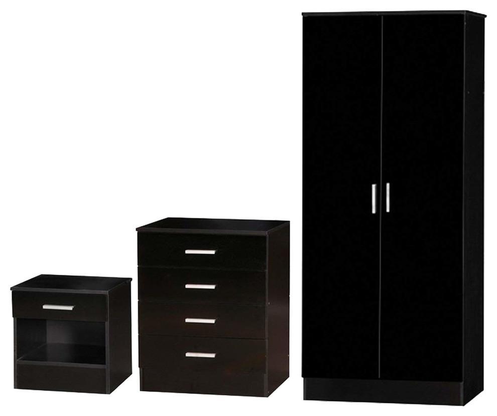 3-Piece Bedroom Furniture Set With 2-Door Wardrobe, Black DL Modern