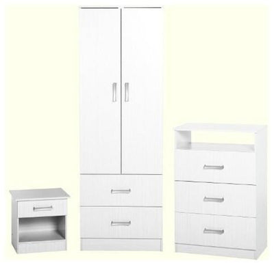 3 Piece Bedroom Set in White MDF Wardrobe, Chest of Drawers and Bedside Cabinet DL Modern