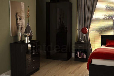 3 Piece Bedroom Set Wardrobe, Chest of Drawers and Bedside, Gloss Black Finish DL Modern