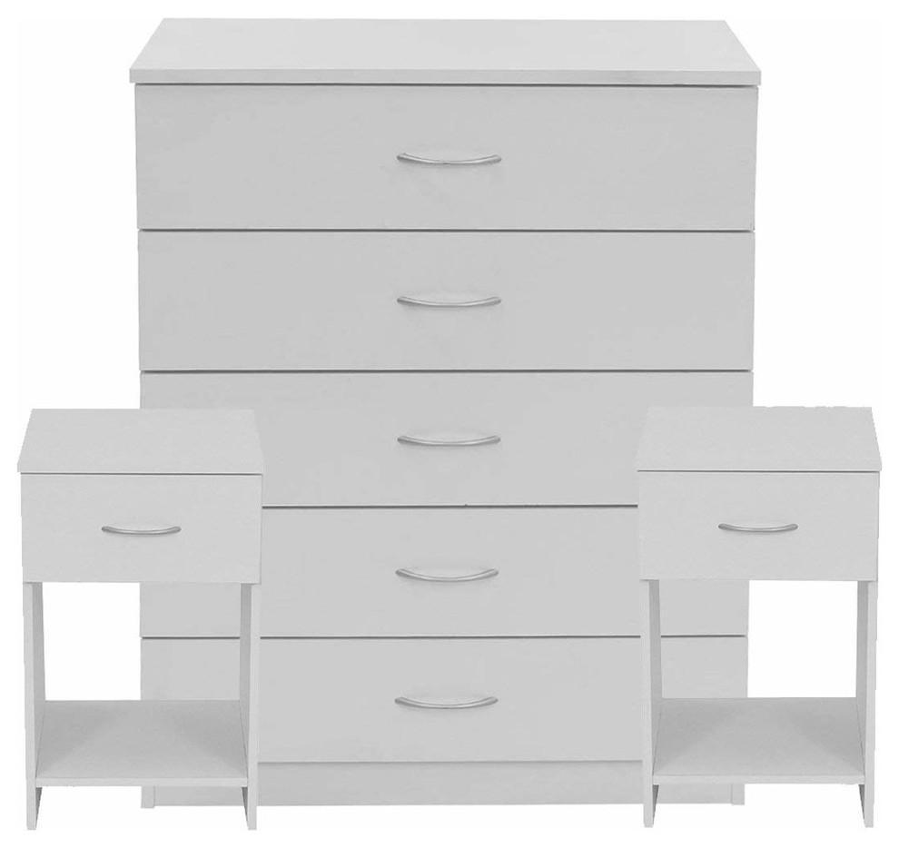 3 piece Furniture Set in White Finished MDF 5 Drawer Chest and 2 Bedside Table DL Contemporary
