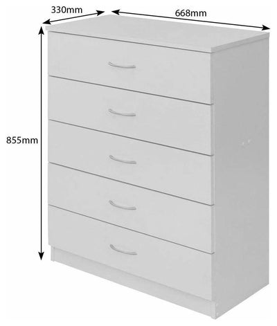 3 piece Furniture Set in White Finished MDF 5 Drawer Chest and 2 Bedside Table DL Contemporary