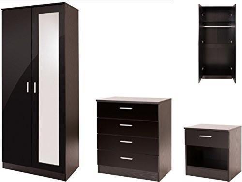 3 Piece Gloss Bedroom Furniture Set Mirrored Wardrobe, Chest and Bedside Cabinet DL Modern
