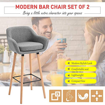 HOMCOM Modern Upholstered Fabric Seat Bar Stools Chairs Set of 2 w/Metal Frame, Solid Wood Legs Living Room Dining Room Furniture - Grey