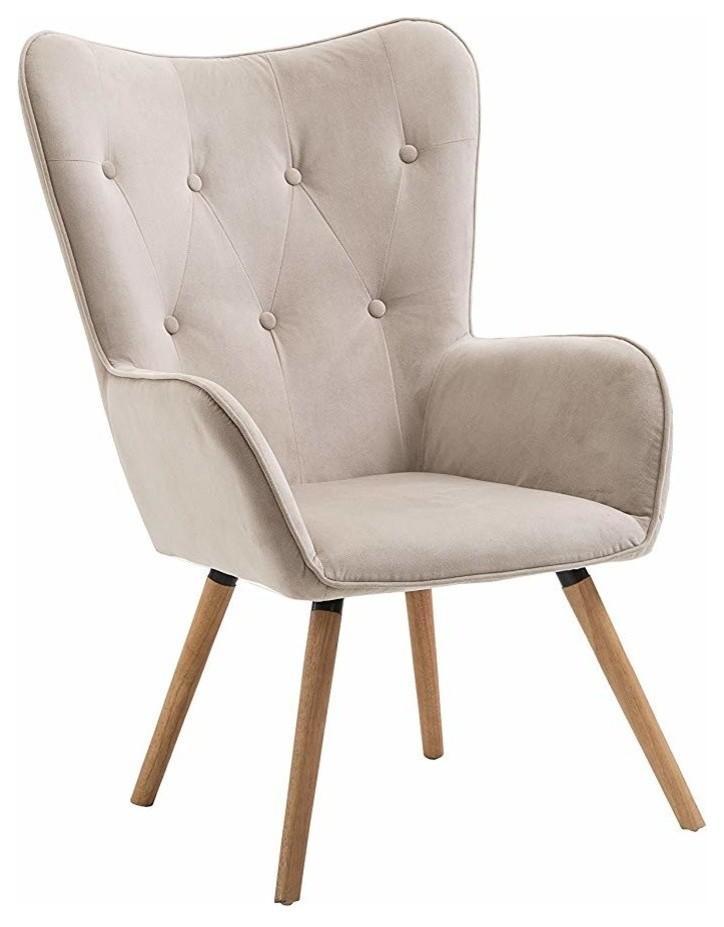 Accent Chair Upholstered, Fabric, Wooden Legs, Buttoned Back, Armrest, Beige DL Modern