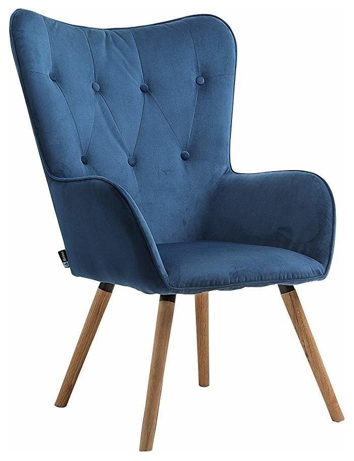 Accent Chair Upholstered, Fabric, Wooden Legs, Buttoned Back, Armrest, Blue DL Modern