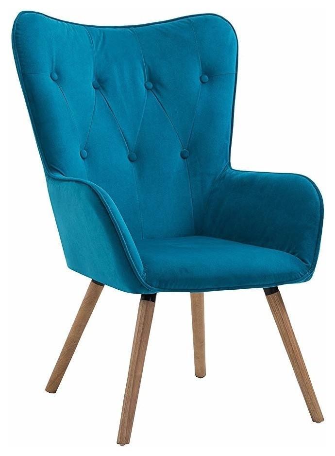 Accent Chair Upholstered, Fabric, Wooden Legs, Buttoned Back, Armrest, Sapphire DL Modern