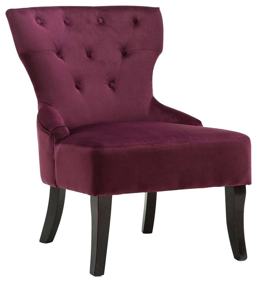 Accent Chair Velvet Fabric With Wooden Legs and Buttoned Back, Purple DL Modern