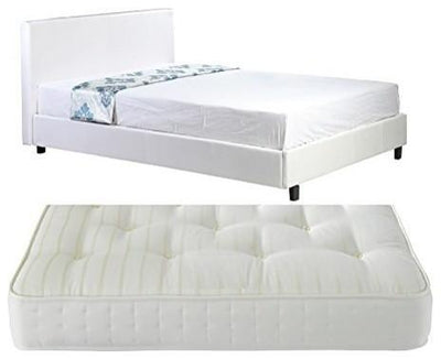 Bed Upholstered, White Faux Leather With Low Metal Frame and Solid Wood Legs DL Modern