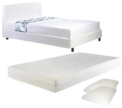 Bed Upholstered, White Faux Leather With Low Metal Frame and Solid Wood Legs DL Modern