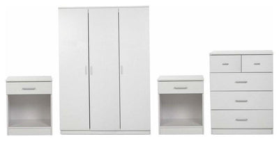 Bedroom Furniture Set, 4-Piece, Wardrobe, Chest, and 2 Bedside Tables, White DL Modern