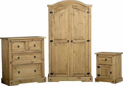 Bedroom Furniture Set in Solid Pine Wood Wardrobe, Drawer Chest, Bedside Cabinet DL Traditional