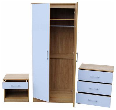 Bedroom Set with Wardrobe, 3 Drawer Chest and Bedside Cabinet, Gloss White-Oak DL Modern