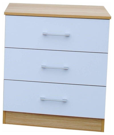 Bedroom Set with Wardrobe, 3 Drawer Chest and Bedside Cabinet, Gloss White-Oak DL Modern