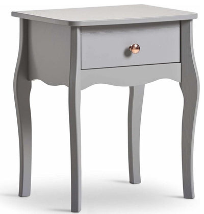 Bedside Table, Grey Finished Wood With Curved Legs, Gold Handles and 1-Drawer DL Modern