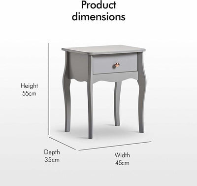 Bedside Table, Grey Finished Wood With Curved Legs, Gold Handles and 1-Drawer DL Modern