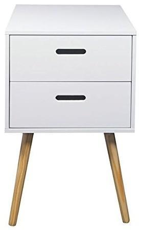 Bedside Table in White Finished Wood and Natural Wood Legs, 2 Storage Drawers DL Modern