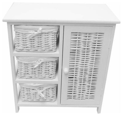 Bedside Table, White Finished MDF With 1-Door and 3 Wicker Storage Baskets DL Traditional