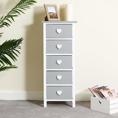 Chest of Drawers, Grey-White Finished Wood With Heart Shaped Drawer Handles DL Modern