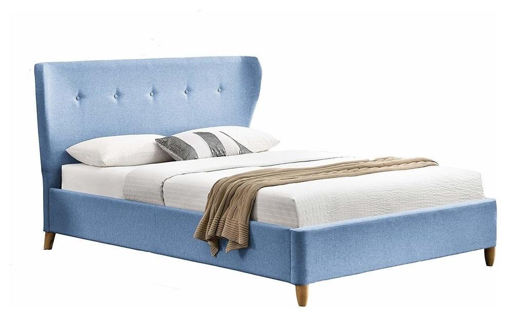 Consigned Mid-Century Bed Frame, Blue Linen Fabric Upholstered With Wooden Legs, DL Midcentury