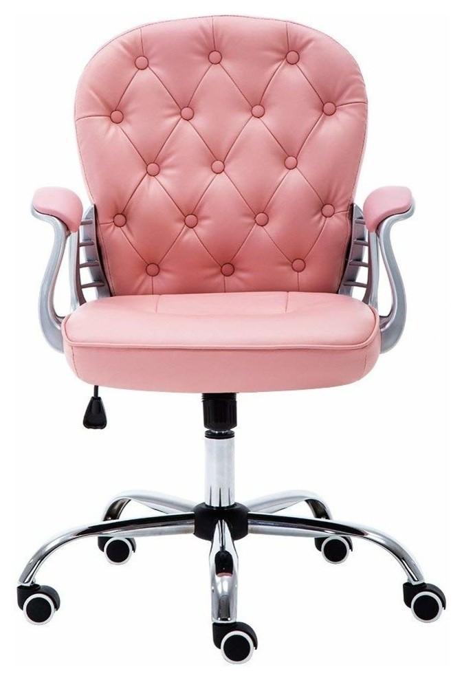 Consigned Swivel Chair Upholstered, Faux Leather With Buttoned Back, Light Pink DL Modern