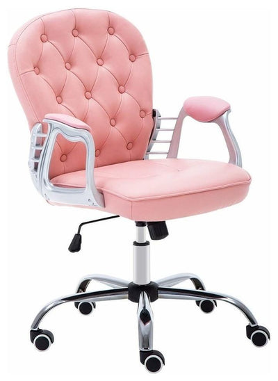 Consigned Swivel Chair Upholstered, Faux Leather With Buttoned Back, Light Pink DL Modern