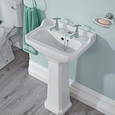 Consigned Traditional Hole Wash Basin Sink and Full Pedestal, Ceramic