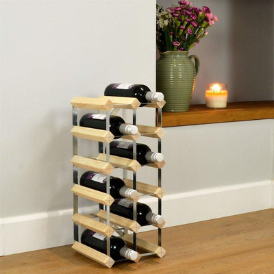 Contemporary 15 Bottle Wine Rack, Finished Pine Wood with Steel Frame, Light Oak DL Contemporary