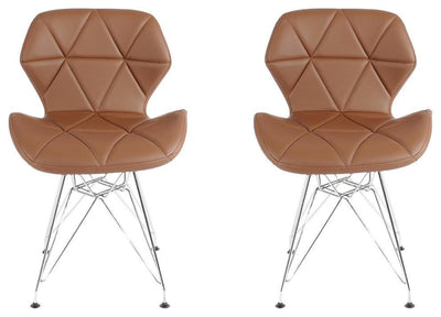 Contemporary 2 Chairs Set, Chrome Metal Legs and Faux Leather Padded Seat, Brown DL Contemporary
