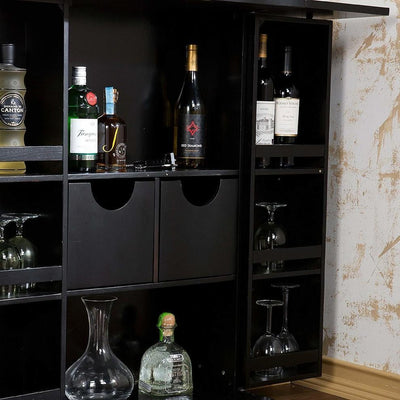 Contemporary Bar Cabinet, Black Finished Wood With 8-Compartmet and Drawers DL Contemporary