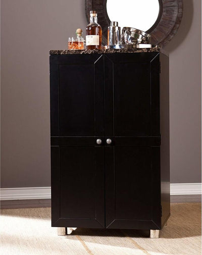 Contemporary Bar Cabinet, Black MDF With Faux Marble Top and Bottle Rack DL Contemporary