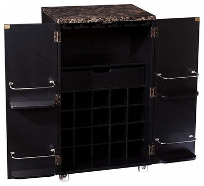 Contemporary Bar Cabinet, Black MDF With Faux Marble Top and Bottle Rack DL Contemporary