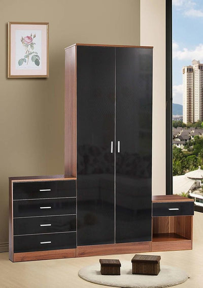 Contemporary Bedroom Set in High Gloss Black MDF Wardrobe, Chest and Bedside DL Contemporary